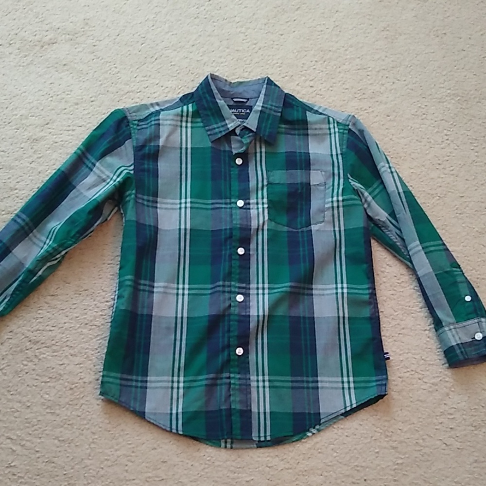 Nautica Youth Green Plaid Button down shirt